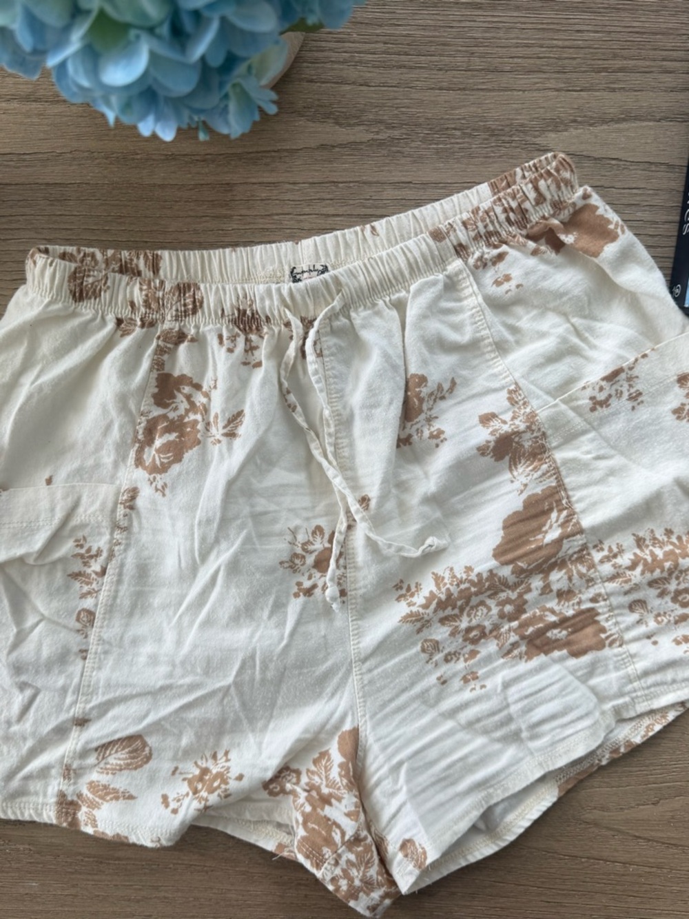 Free People Floral Print Drawstring Shorts in Cream and Brown
